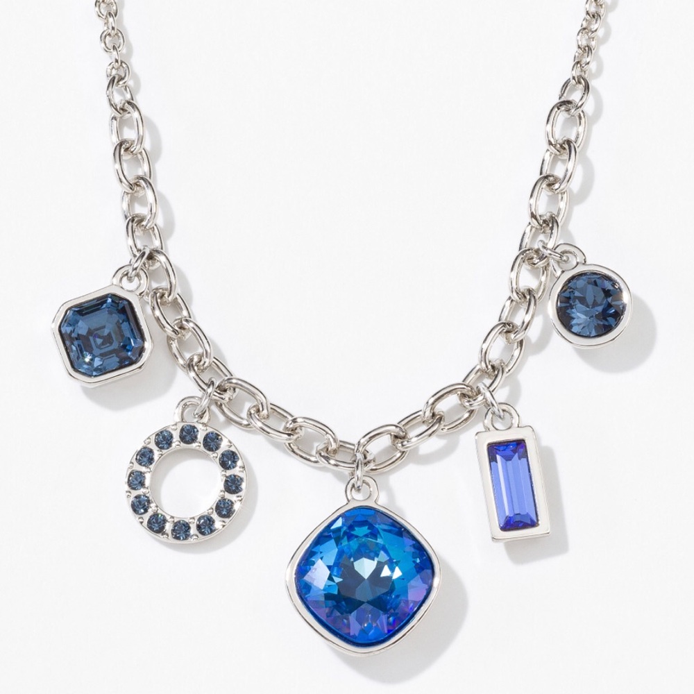 Touchstone Crystal by Swarovski HAPPY DAYS necklace in blue set in rhodium BNIB